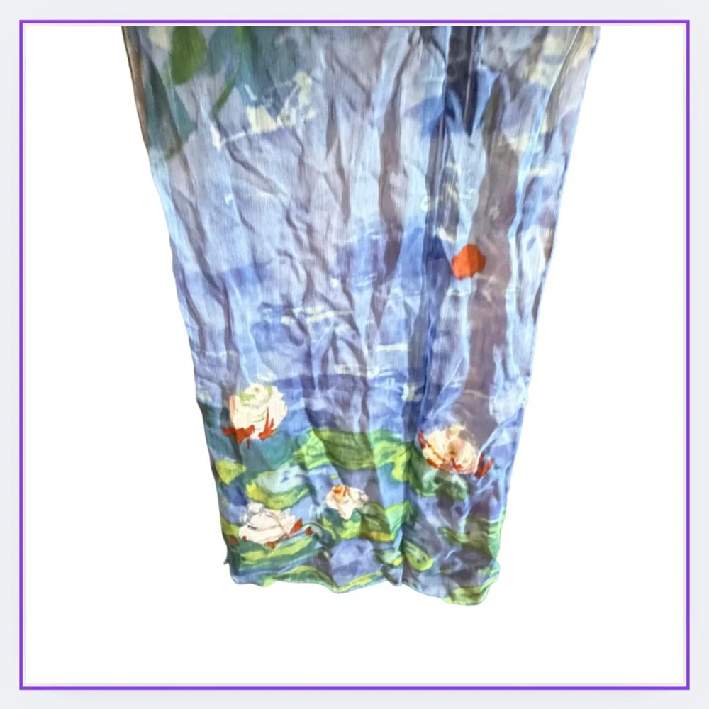 100% SILK Blue and Green Floral Watercolor Scarf